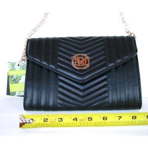 Badgley Mischka Black Quilted Vegan Leather Crossbody Bag With Gold Chain Strap